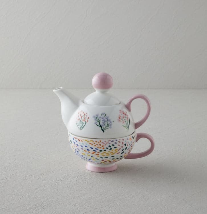 Чайник Blossom Frame New Bone China Demlik Seti 400 – 290 ml Pembe - Beyaz